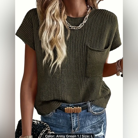 New Green Short Sleeve Sweater Top, Large, knit, Crew Neck - Picture 3 of 4